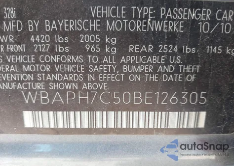 2011 BMW 328I из США, поврежденный, VIN WBAPH7C50BE126305